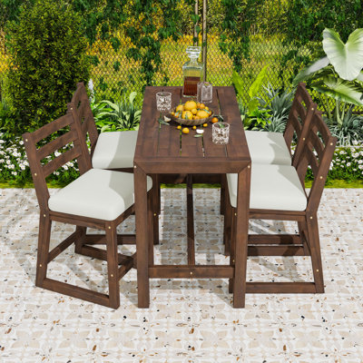 5Pcs Outdoor Bar Set with High Table and 4 Slatted Back Cushioned Chairs for Balcony or Backyard
