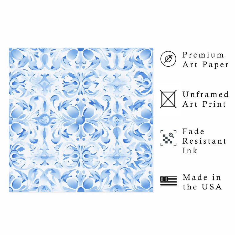 Abstract Blue Damask Pattern V Classical Unframed Art Print, 16" H x 16" W