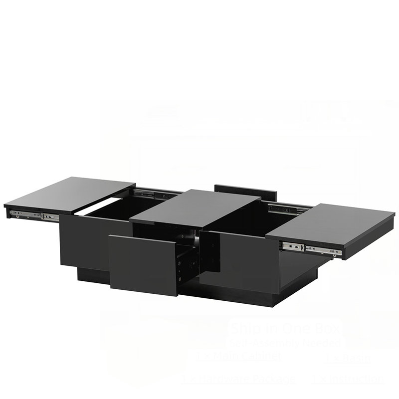 Table basse extensible rectangulaire en bois avec 2 grands compartiments de rangement cachés, Noir, noir, noir, noir