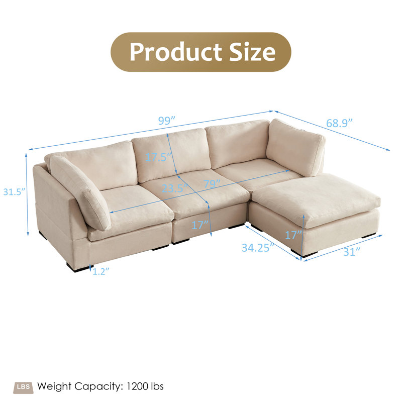 Eugenija 99"W Down Filled Modular Sectional, Beige Polyester