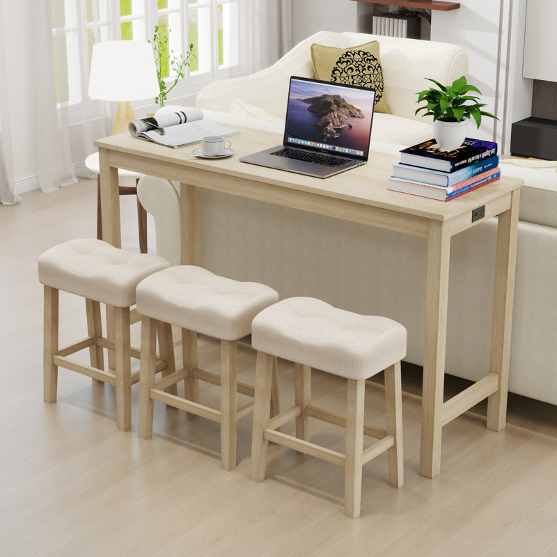 4-Piece Bar Table Set With Outlet & 3 Stools,Stylish Dining Table & Chairs, Light Oak