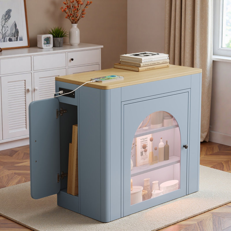Kitchen Island With Extendable Tabletop, Power Outlet, Side Storage Area And Built-in Led Light Strip, Gray Blue
