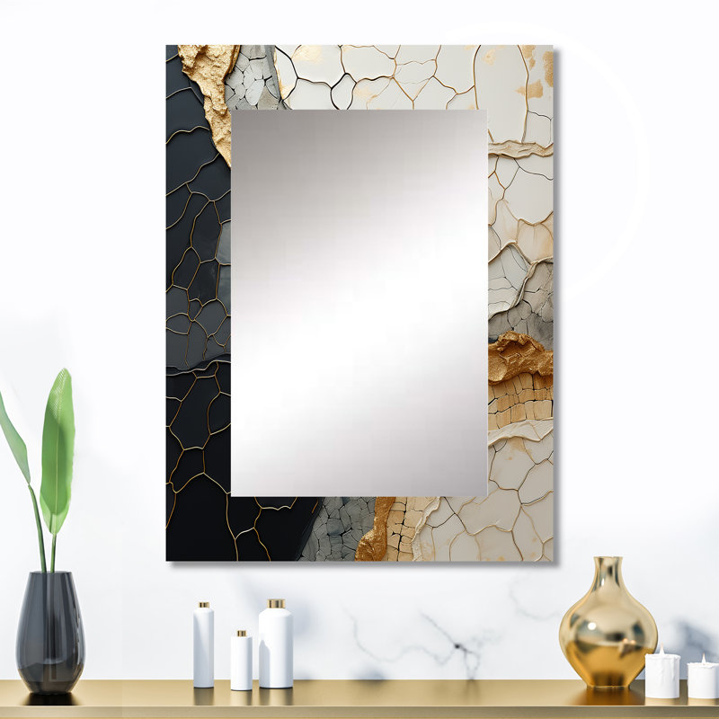 Black Gold Adorned Poteries VII - Abstract Spirals Unique Wall Mirror, Black Mirror, Printed Metal Art, 32" x 24"
