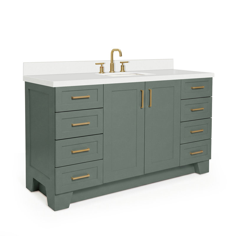 61 IN.  Single Bathroom Vanity, Rectangle, White Quartz, Vintage Green