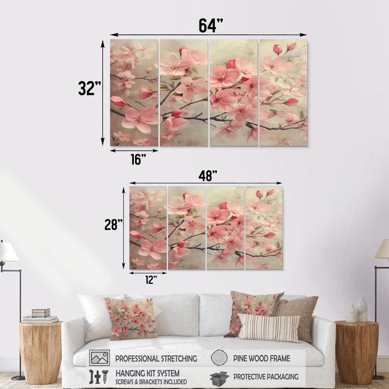 Fleurs de pommier roses et grises du printemps II - ensemble d'art mural, H 32 po x l 64 po