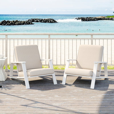 Ensemble de 2 chaises longues pour patio, fauteuil club d'extérieur avec coussin beige et structure en bois d'acacia blanc