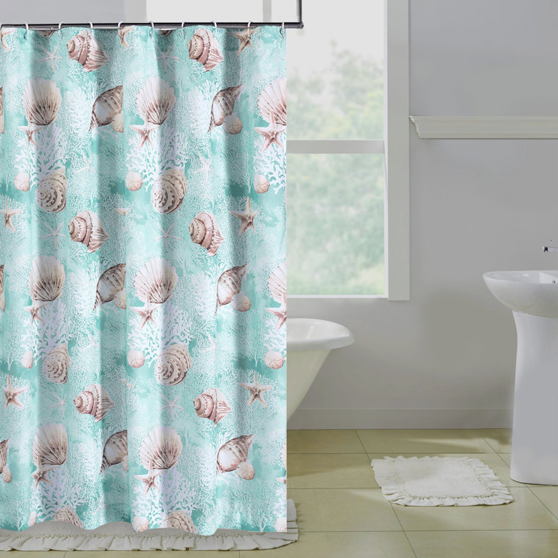  Logan Shower Curtain, Coastal Light Blue Conch Shell Print