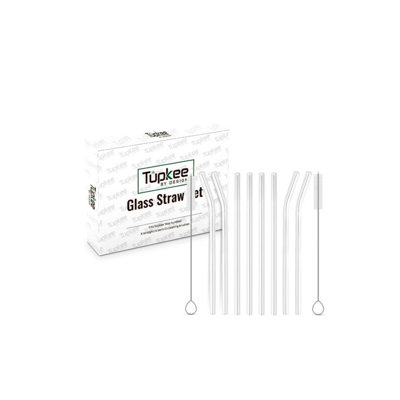 Tupkee Reusable Glass Straws - 8 Pack Clear Glass Drinking Straws - For Tupkee 14-Ounce Double Wall Travel Tumbler – Includes 4 Straight And 4 Bend 9” X 1Cm With 2 Cleaning Brushes