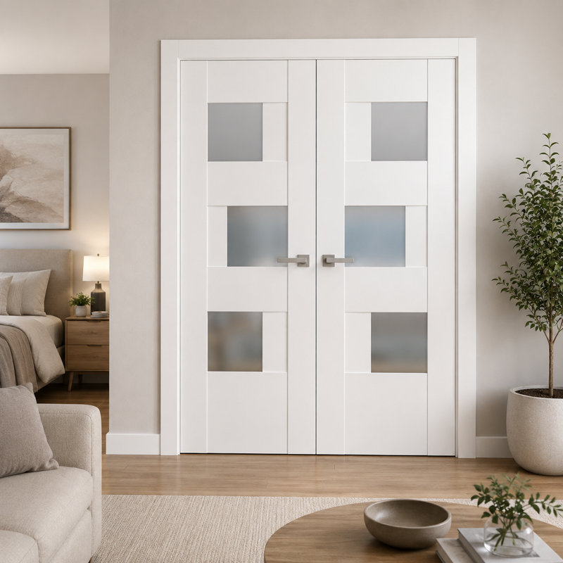 Solid French Double Doors Opaque Glass Sete 6933 White Silk Wood Solid Panel Frame Closet Bedroom Modern Doors 48" x 84" (2* 24x84)