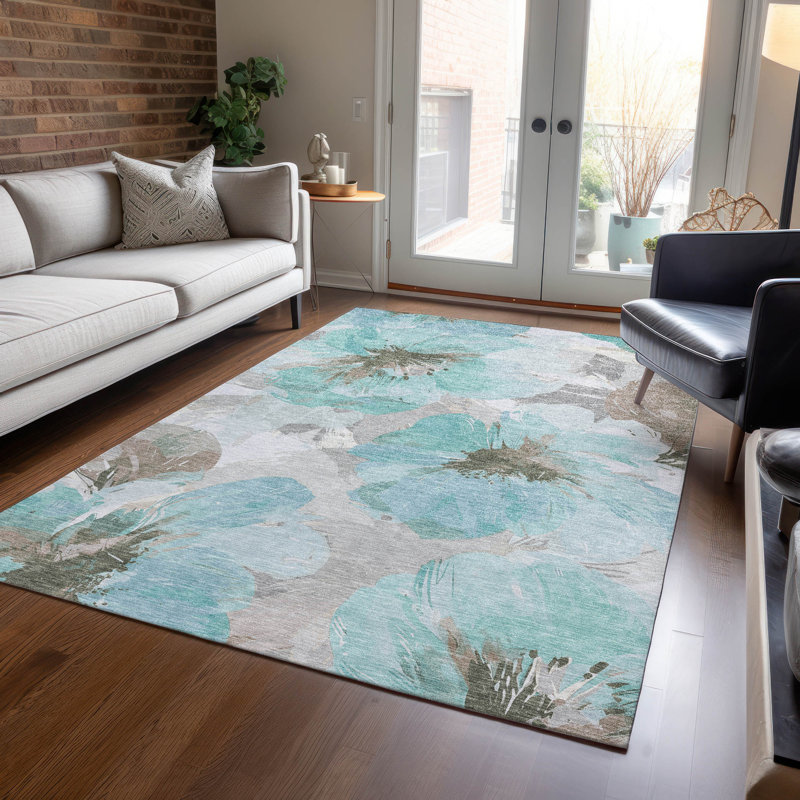 Machine Washable Indoor/Outdoor Claudian ACN1558 Teal Rug, Rectangle 3' x 5'