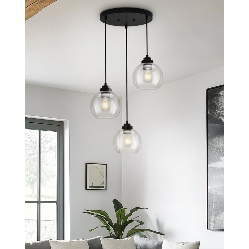 3-light Cluster Pendant Light With Globe Glass Shade, Black