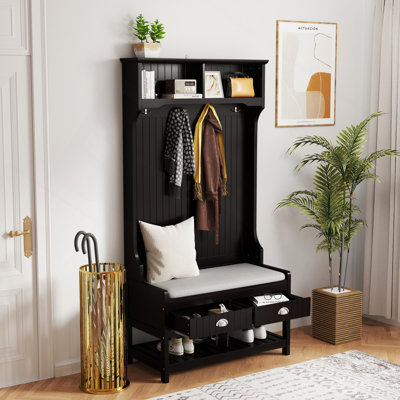 Shoe Storage, 3-In-1 Hallway Hall Tree With 2 Storage Drawer And 4 Coat Rack, Wooden Entryway Shoe Rack Bench With Padded Seat Cushion, Mudroom Bench With Top Storage Shelf