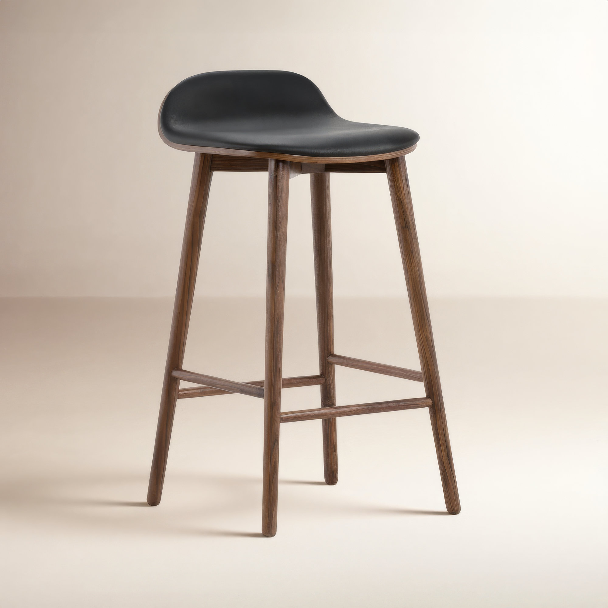  26'' Seat Height Counter Stool - Solid Wood Frame and Genuine Leather Seat, Walnut