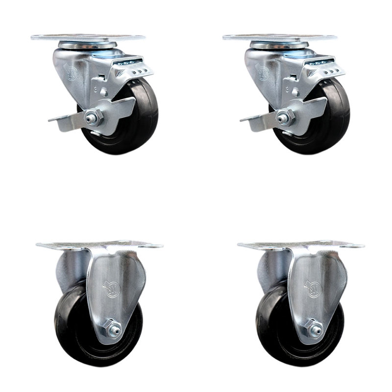 3 Inch Hard Rubber Wheel Swivel Top Plate Caster Set with 2 Brake 2 Rigid SCC|SCC-20S314-HRS-TLB-TP2-2-R-2