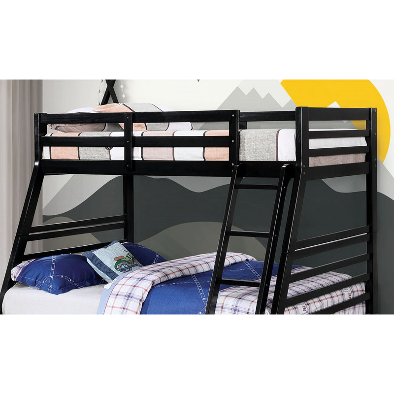 Lit superposé simple au-dessus d'un lit double avec look transitionnel, construction en bois massif noir, deux tiroirs, attaché et 10 pièces Lattes, aspect bois