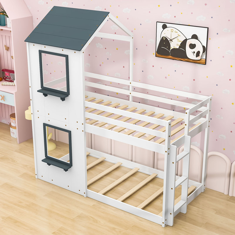 Wood Twin Over Twin Bunk Bed With Guardrails And Ladder, Semi-Enclosed Design, White