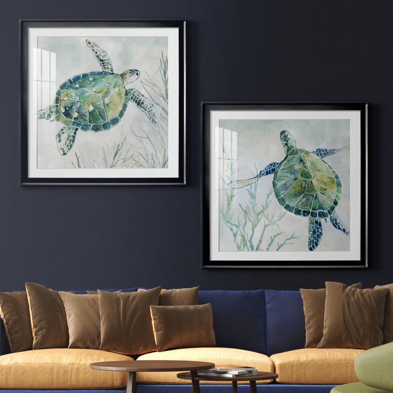 " Seaglass Turtle I " 2 - Pieces, White, Black Framed Paper, 30.5" H x 30.5" W x 1" D