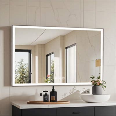 LED Framed Bathroom Vanity Mirror, Aluminum Frame With 45° Beveled Angle Beveled Lights, 3 Colors, Anti-Fog, Suitable For Modern Decoration