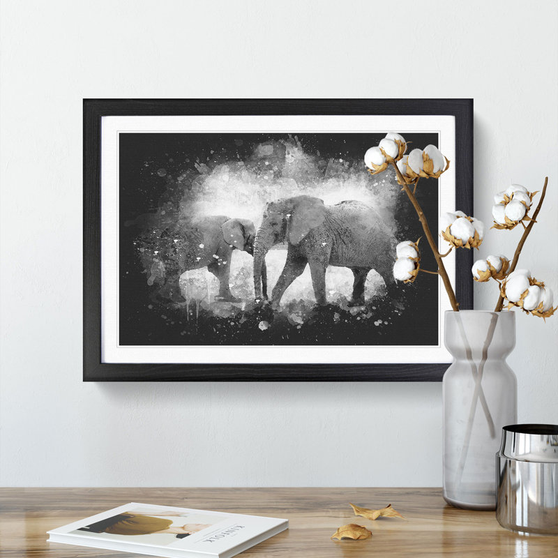 Elephants Crossing Paths Paint Splash - Framed Print, 62cm H x 87cm W x 2cm D, Black Framed