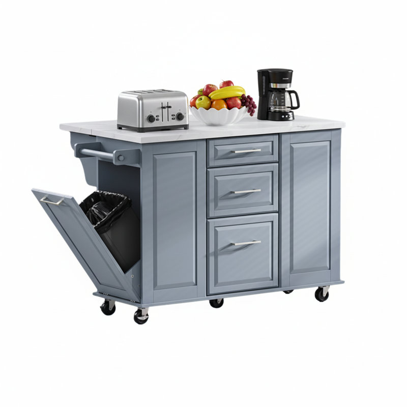 Îlot de cuisine à roulettes 51 po avec abattant, armoire à ordures inclinable et rangement coulissant, gris béton