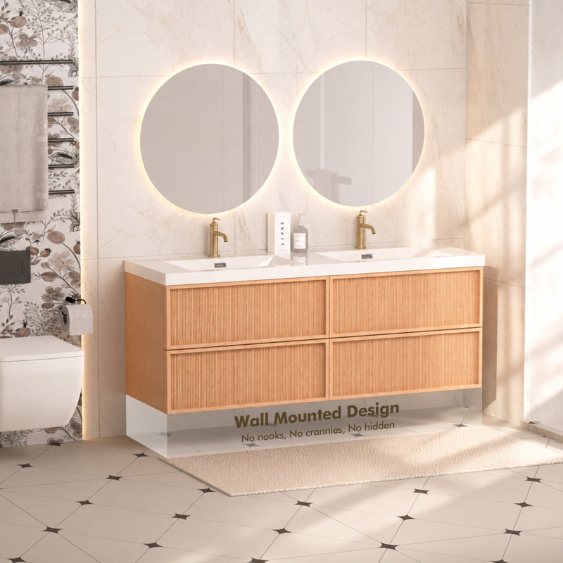 Meuble-lavabo suspendu Vitrasa 60 po à rayures noyer avec lavabo, meuble de salle de bain moderne fixé au mur avec 4 tiroirs à fermeture douce, préassemblé avec lavabo en céramique intégré – Bois naturel