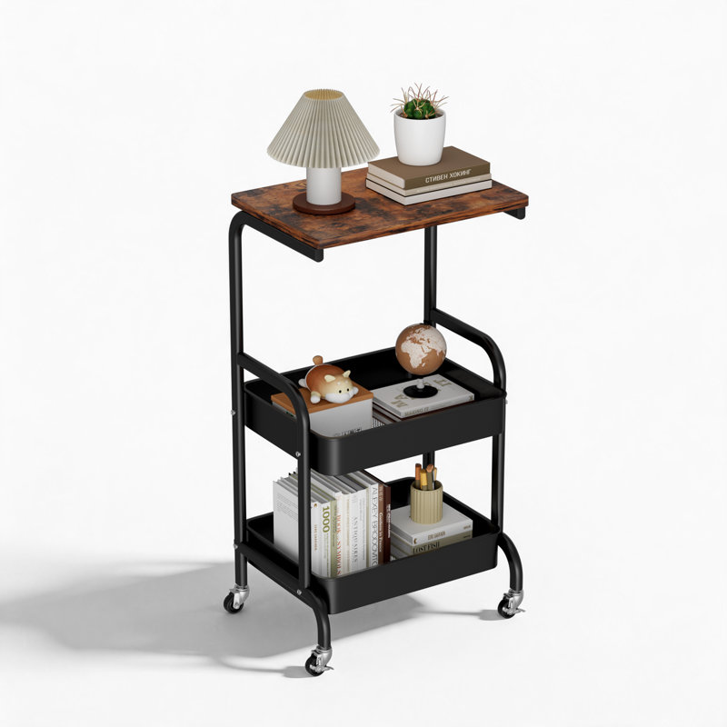 Black 29.9'' H x 16.5'' W 3-Tier Rolling Utility Cart with 360° Swivel Locking Wheels, Wood Top and Metal Storage Baskets, Mobile Organizer Trolley Single