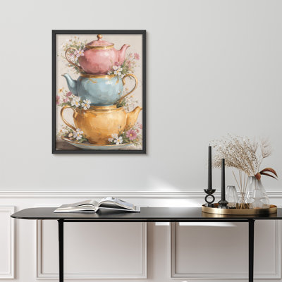 Elegant Teapot Stack Floral Framed Wall Art Prints - Vintage Tea Time Decor for Dining Room