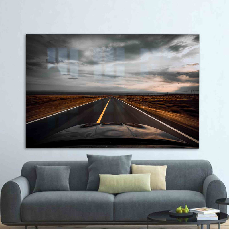 Superbe décoration murale en verre mettant en vedette un paysage de route d'asphalte tranquille, parfaite pour ajouter une touche artistique à tout espace de vie