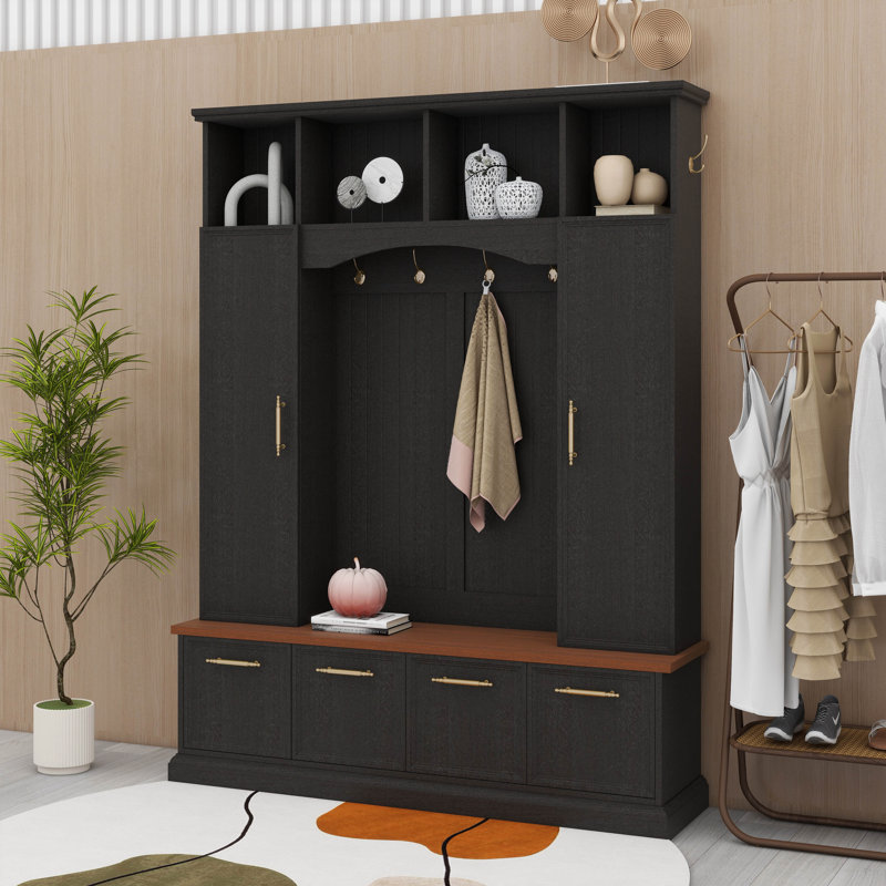 Hall Tree With Golden Hooks And Handles, Practical Entryway Walnut Bench With Adjustable Shelves, Farmhouse Wooden Style Coat And Shoe Rack