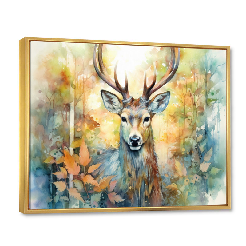 Deer Wonderers I - art mural cerf, H 24 po x l 32 po x P 1 po, Cadre flottant doré