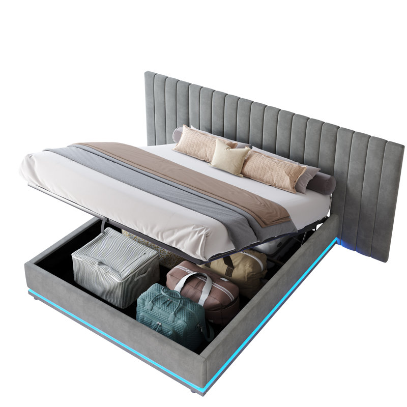 Ottoman Bed With Led Grey, Double (4'6)