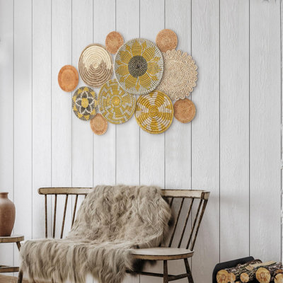 11 pièces Boho décoration murale panier panier décoratif tissé Bulrush Art déco ronde maison de campagne paniers suspendus pour la cuisine Rustic Home Summer Decorations, multi tailles (vif)