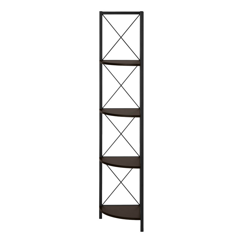 Fexy 59 Inch Corner Etagere Bookcase, 4 Tier Display Shelves, Black Metal, Espresso Brown, Black/Coffee