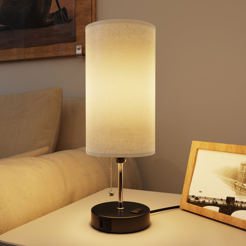Table Lamp with USB A&C Port and Built-in Outlet, Pull Chain Bedside Lamps with 3 Colour Temperatures, Perfect for Living Room/ Bedroom