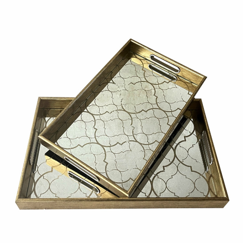 Silver Rectangle Plastic Mirror Trays with Geometric Motif -  L:17.5x12x2" S:15.5x10x2"