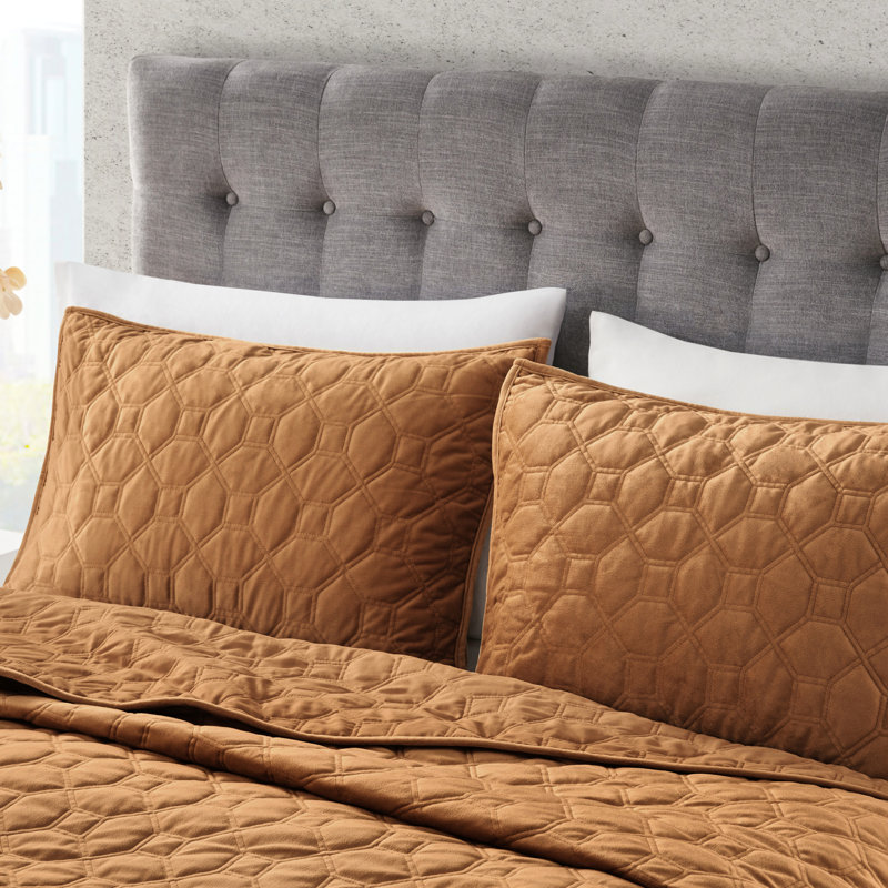3 pièces de courtepointe en velours rouille très grand / très grand - velours, motif géométrique, confort doux et matelassé, 1 et 2 taies décoratives