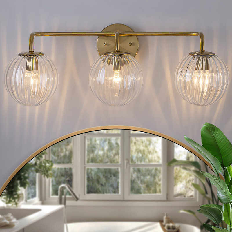 3 - Light Dimmable Vanity Light With Sphere Globe Ribbed Glass, Gold