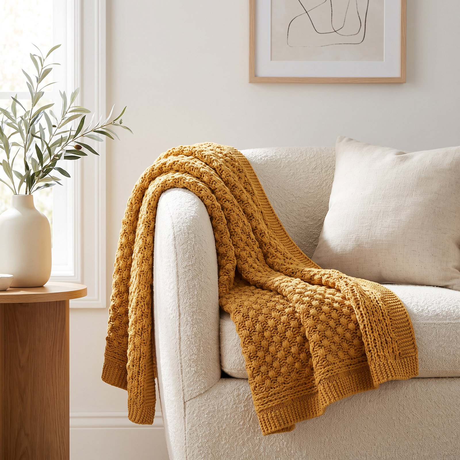 Shasta Cotton Knitted Throw Blanket, Mustard Yellow