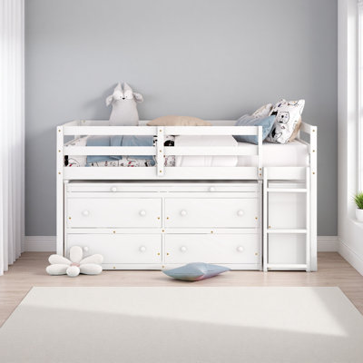 Loft Bed With Retractable Writing Desk And 4 Drawers