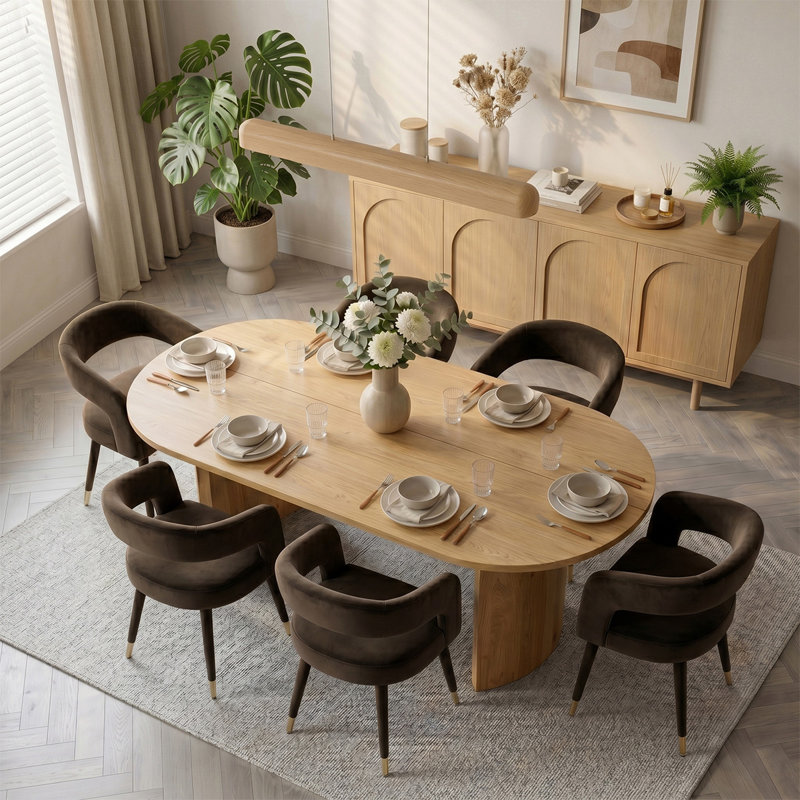 Ensemble de table de salle à manger ovale moderne 79 po avec 6 chaises de salle à manger rembourrées en velours, Mink