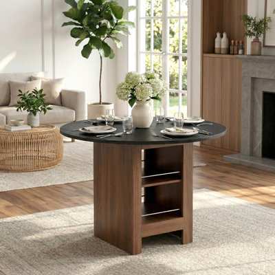 42" Round Dining Table With 2-Tier Storage Shelves, Modern Pedestal Kitchen Table For 4, Space-Saving Walnut Finished Manufactured Wood Table For Small Spaces (Table Only)