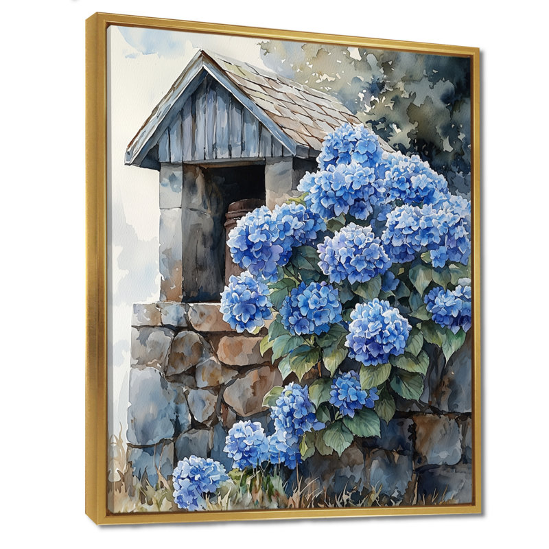 Hydrangeas By The Farm Well I - Hydrangea Framed Canvas Print, 40" H x 30" W, Floater Framed Print, Gold