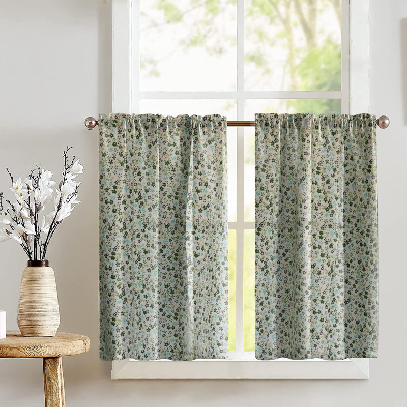 Rideaux à motif de petites fleurs, Vert/blanc