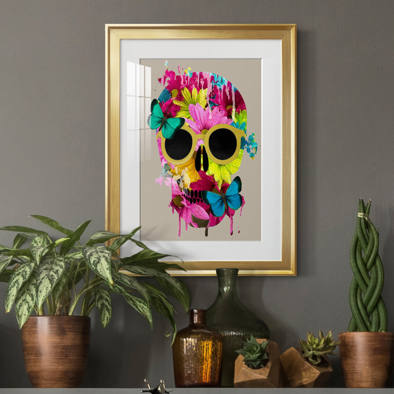 Crâne floral - peinture encadrée, H 22,5 po x l 30,5 po x P 1,5 po, Or
