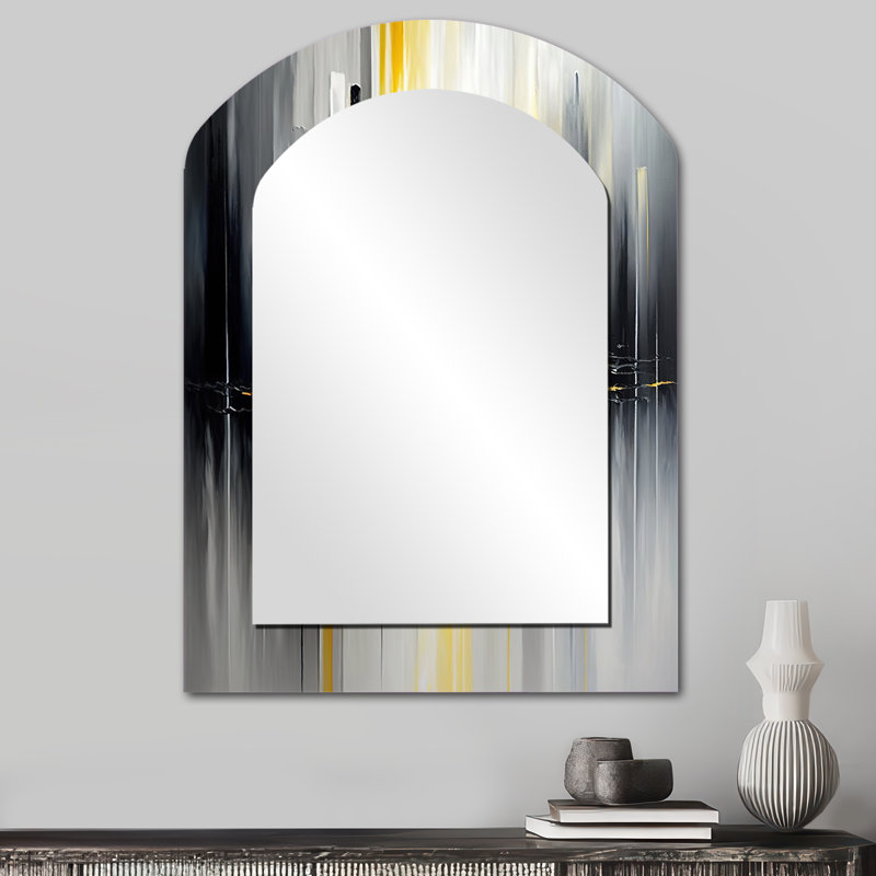 Abstrait géométrique noir et jaune II - miroir décoratif arqué géométrique, miroir mural asymétrique noir, impression sur métal