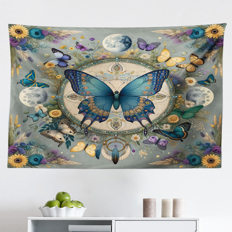 August Grove Boho Wall Hanging Tapestry Sunflower Moon Moth Witchy Art Cadet Blue Blue Grey, H 30 po x l 45 po