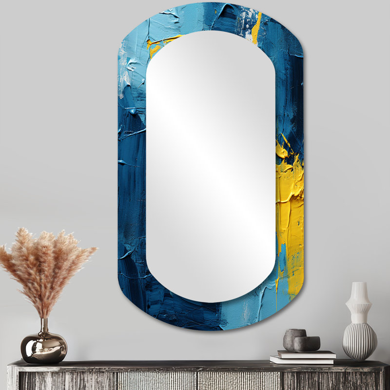 «Bliss Of Happiness In Yellow And Blue II - Abstract Collages», miroir mural asymétrique unique, 43 po x 23 po