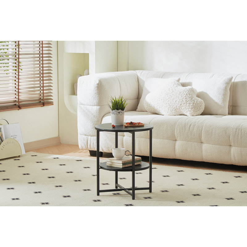 Table d'appoint compacte ronde à 2 niveaux, décor campagnard pour petits espaces, table de chevet avec tablette de rangement, noir