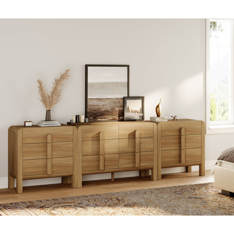 Ensemble de commode 3 pièces pour chambre à coucher, grande commode Mid-Century moderne 110,2 po pour commode, commode en bois à profil incurvé pour chambre à coucher, salon