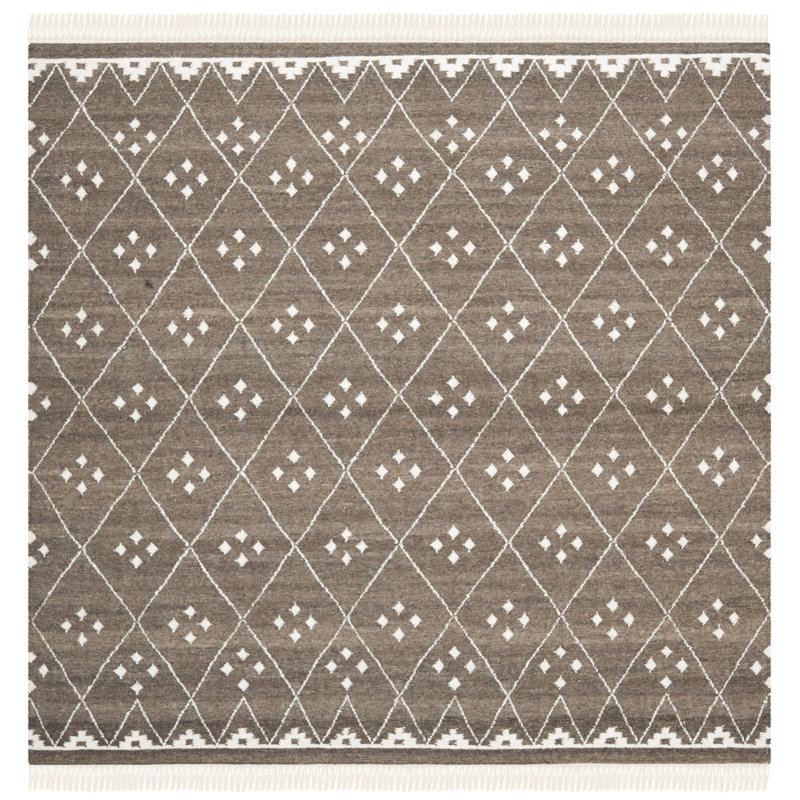 Mill Natural Hand Woven Wool/Viscose/Cotton Geometric Rug in Ivory/Brown, Square 5'
